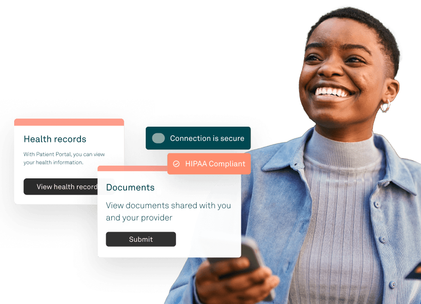 Smiling patient with overlaid interface showing HIPAA-compliant health records, secure messaging and appointment reminders