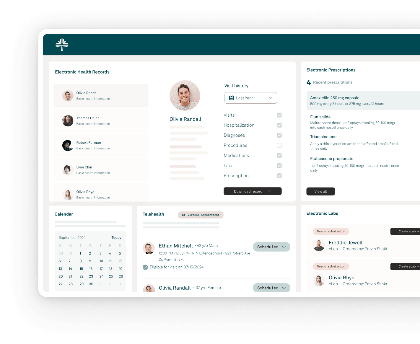 Screenshot of Tebra’s EHR interface with patient records, calendar, telehealth, and prescription panels visible.