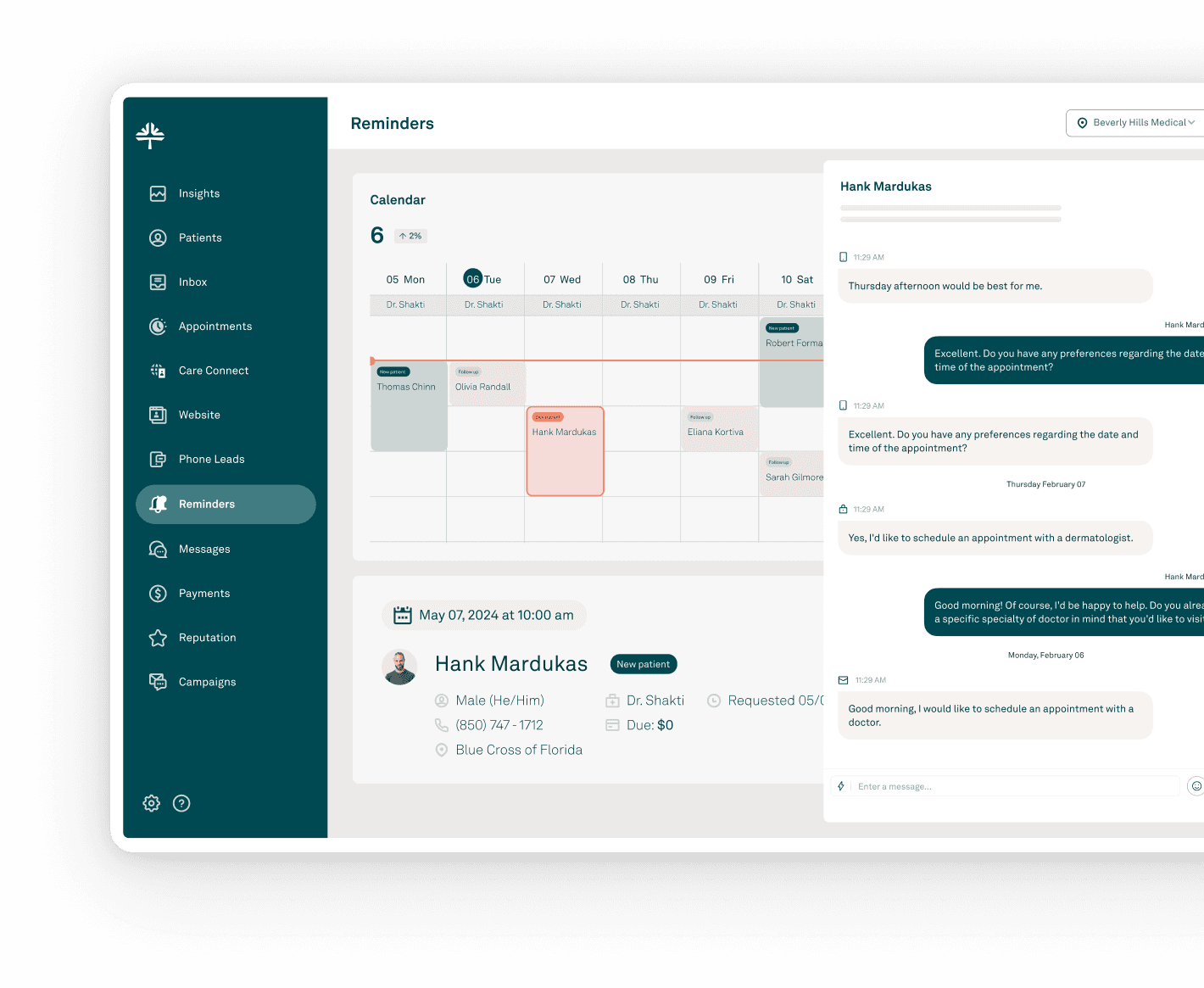 Calendar and messaging interface showing appointment reminders and secure patient-provider communications.