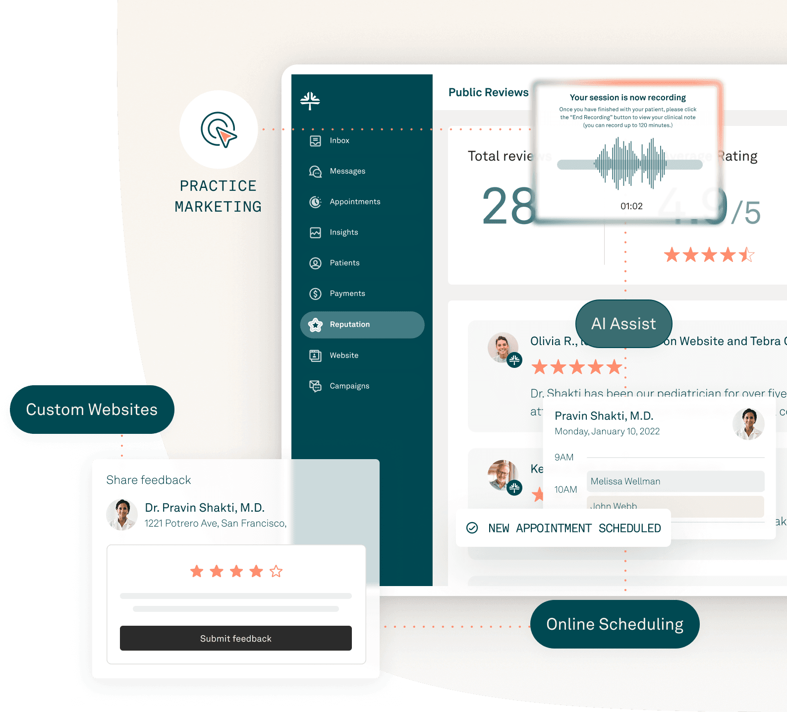 Screenshot of Tebra's EHR interface highlighting medical practice marketing features, including online presence, reviews, and scheduling tools.