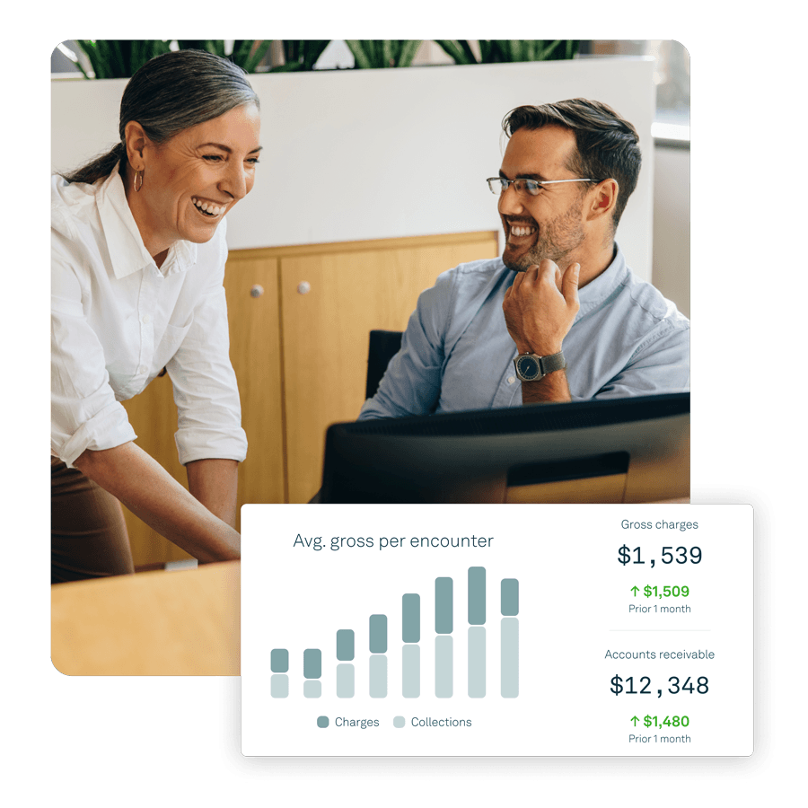 Two healthcare staff reviewing outsourced billing results on screen, with bar-chart showing higher charges and collections — illustrates Tebra’s billing-partner visibility tools