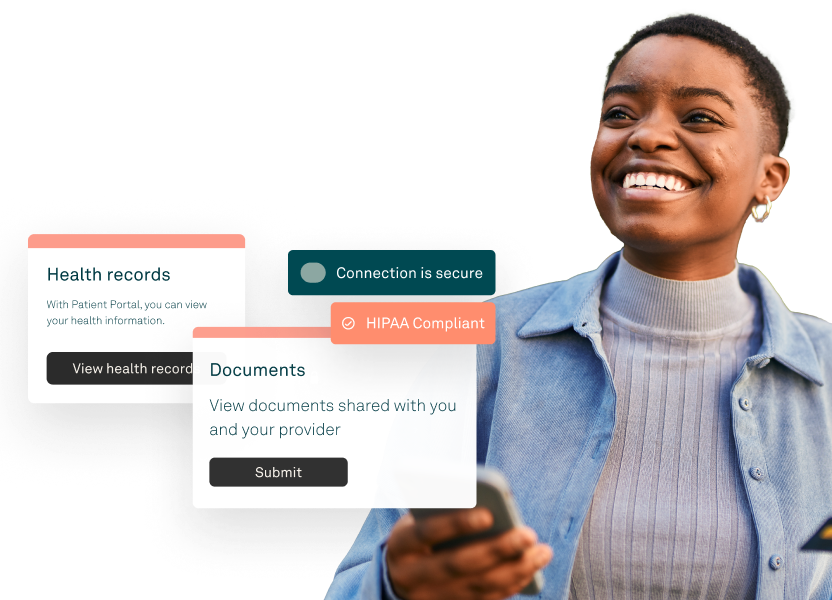 Smiling patient with overlaid interface showing HIPAA-compliant health records, secure messaging and appointment reminders