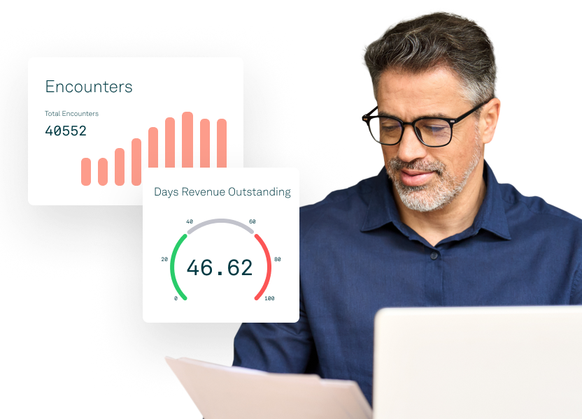 Healthcare billing specialist reviewing revenue reports with a digital insurance A/R dashboard.