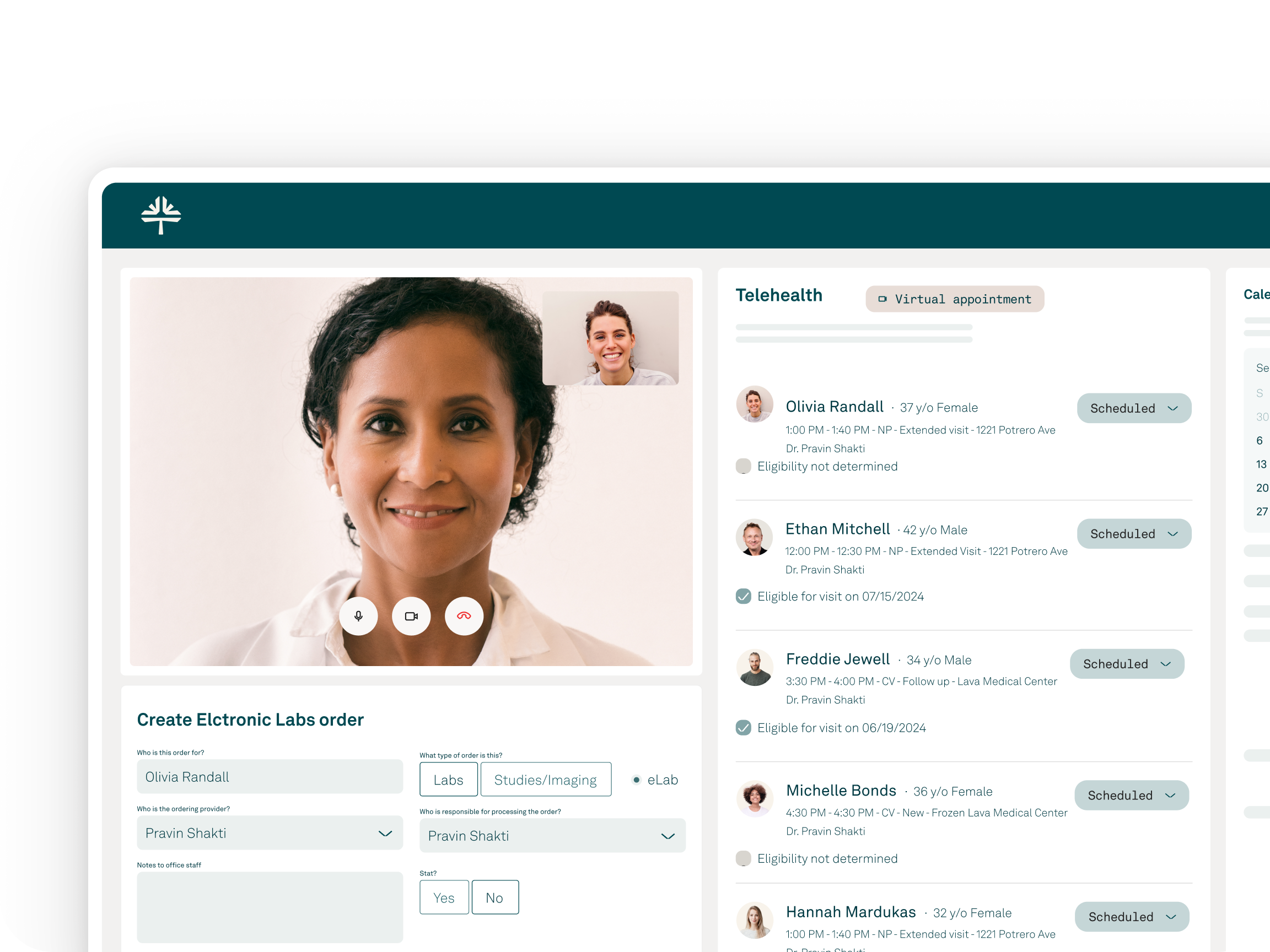 Tebra EHR product interface with floating patient and performance stats.