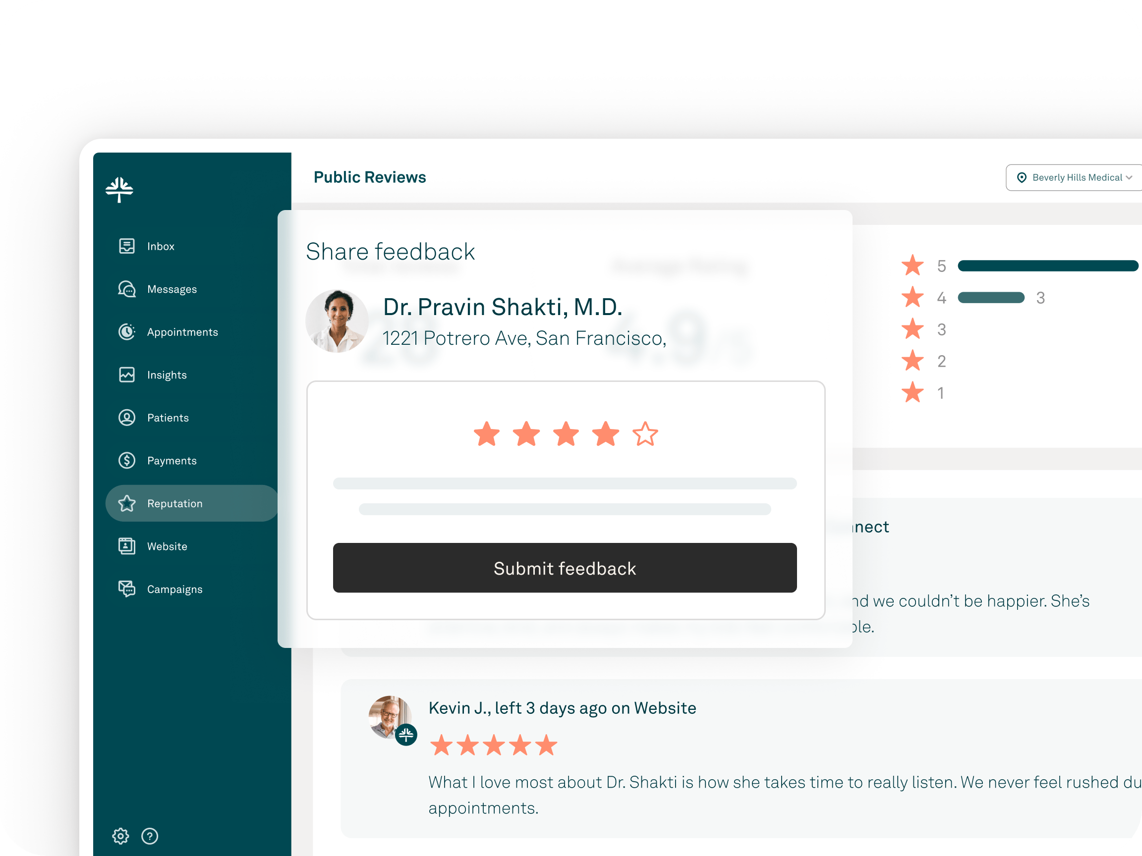 Tebra medical practice marketing product interface with reputation and profile panels.